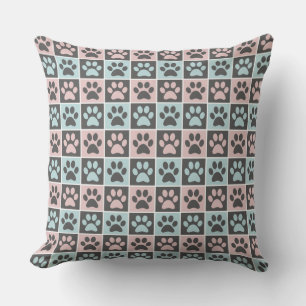 Elegant Pastel Pink and Blue Paw Print Pattern Throw Pillow