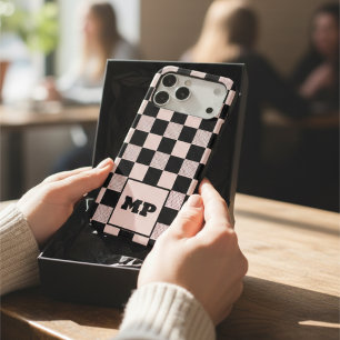 Elegant Pastel Pink & Black Checkerboard Monogram
