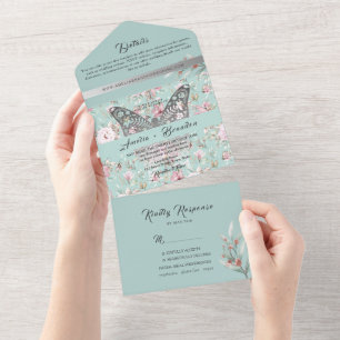Elegant Pastel Pink Blue Floral Wedding All In One Invitation