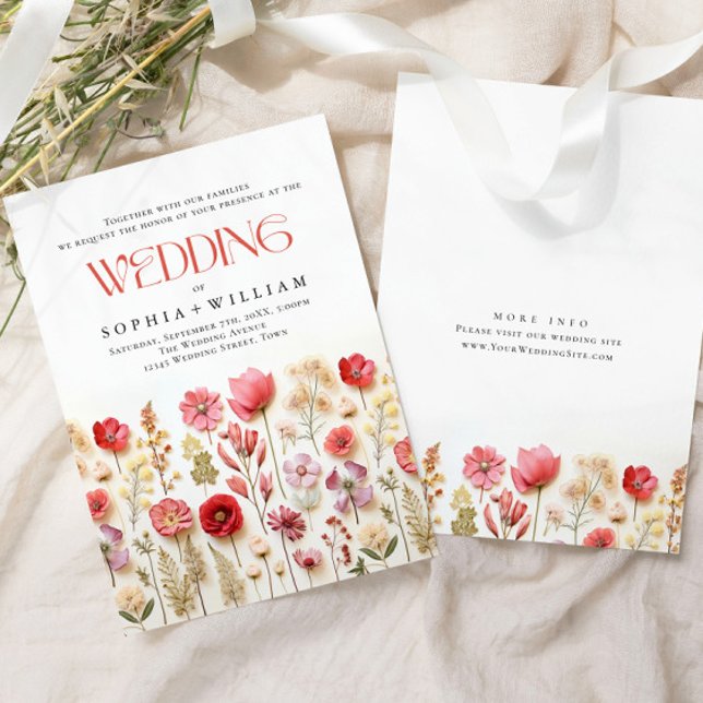 Elegant Pastel Pink Boho Wild Flowers Wedding Invitation (Creator Uploaded)