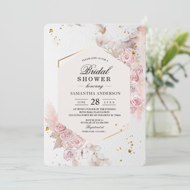 Elegant Pastel Pink Floral Frame Fancy Invitation (Standing Front)