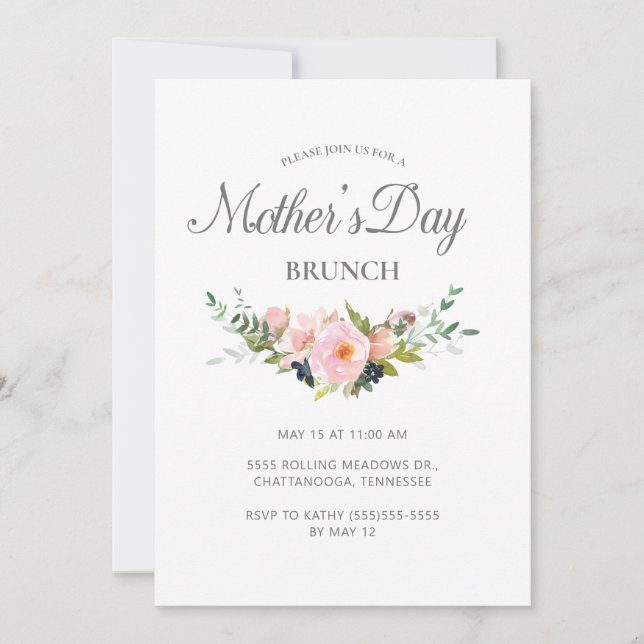 Elegant Pastel Pink Floral Greenery Mother's Day Invitation (Front)
