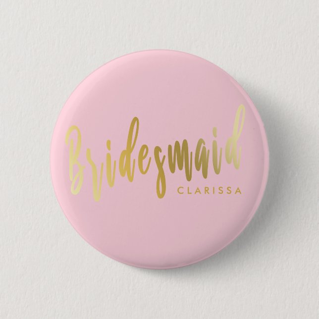 Elegant pastel pink & gold bridesmaid 2 inch round button (Front)