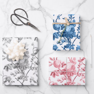 Elegant Pastel Pink, Grey, Blue Roses  Wrapping Paper Sheet