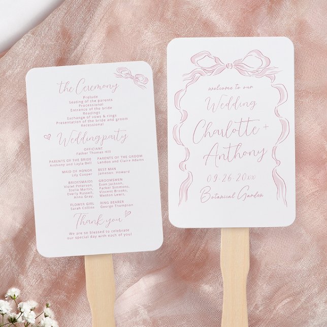 Elegant Pastel Pink Hand Drawn Bow Wedding Program Fan (Elegant Pastel Pink Hand Drawn Bow Wedding Program Hand Fan)