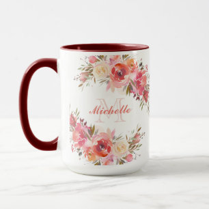 Elegant Pastel Pink Peach Rose Floral Monogram Mug