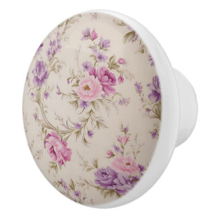 Elegant Pastel Pink & Purple Garden Blooms Ceramic Knob