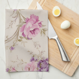 Elegant Pastel Pink & Purple Garden Blooms Kitchen Towel
