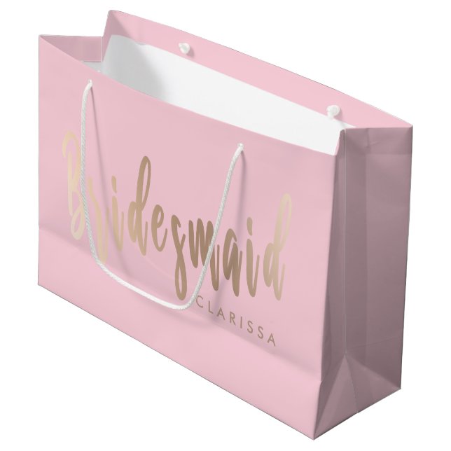 Elegant pastel pink & rose gold bridesmaid large gift bag (Front Angled)