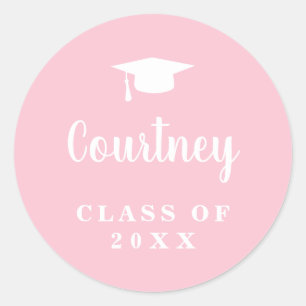 Elegant Pastel Pink Script Name Graduation Cap Classic Round Sticker