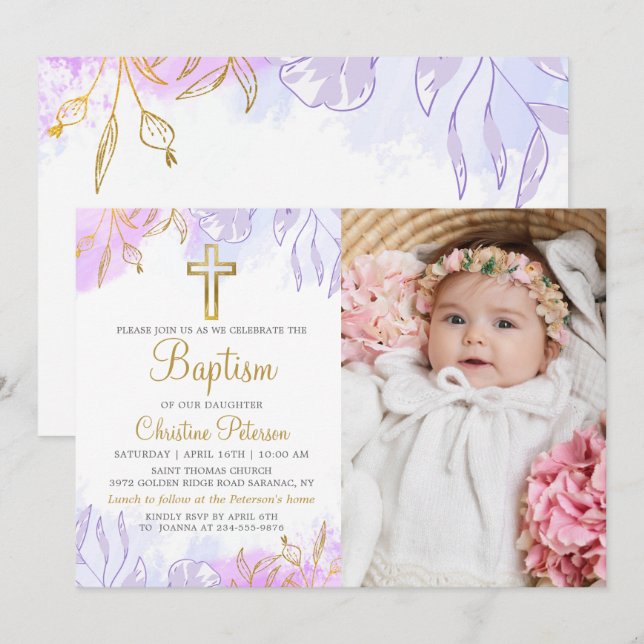 Elegant Pastel Purple Gold Floral Baptism Photo Invitation (Front/Back)