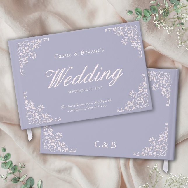 Elégant Pastel Purple Vintage Wedding Livre d'Invi (traditional light purple lavender wedding guest book with names monogram date and message on cover)