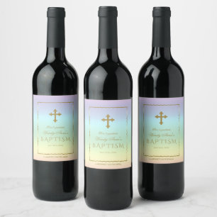 Elegant Pastel Rainbow Colour Gold Cross Baptism Wine Label