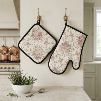 Elegant Pastel Roses Shabby Chic Oven Mitt & Pot Holder Set