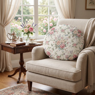 Elegant Pastel Roses Shabby Chic Round Pillow