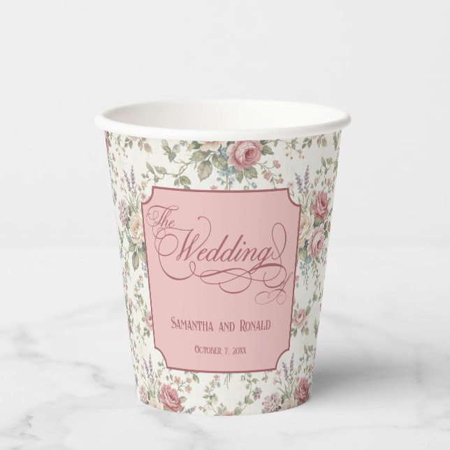 Elegant Pastel Roses Shabby Chic Wedding Paper Cups (Front)