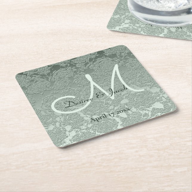 Elegant Pastel Sage Green Wedding Monogram Square Paper Coaster (Angled)