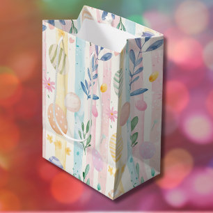 Elegant Pastel Watercolor Easter Stripes Eggs Medium Gift Bag