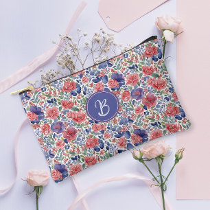 Elegant Pastel Watercolor Floral Pattern Monogram Accessory Pouch