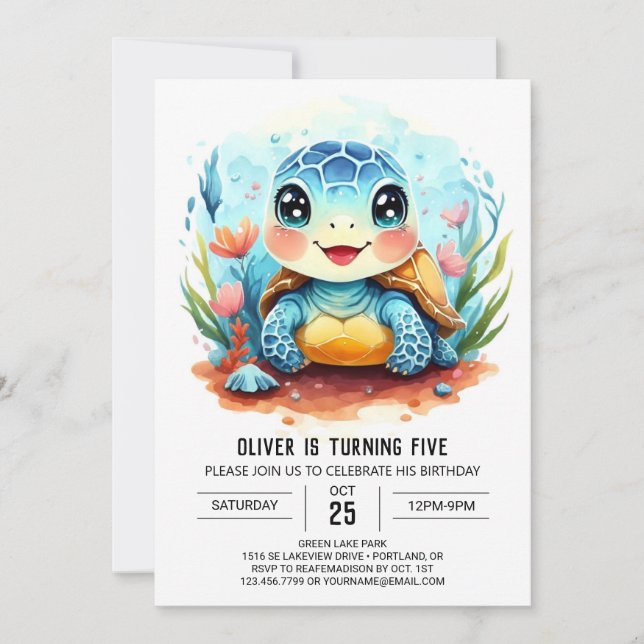Elegant Pastel Whimsy Turtle Boy Birthday Invitation (Front)