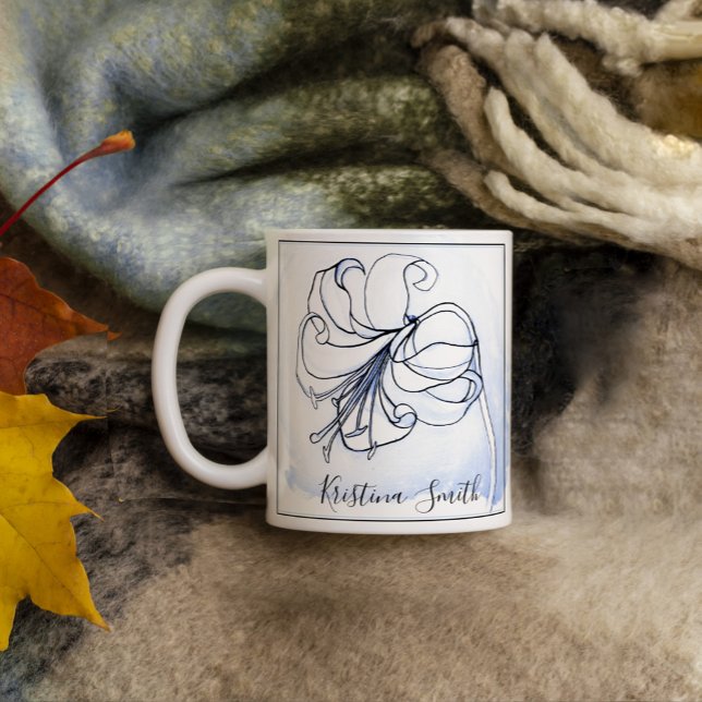 Elegant Pastel White & Blue Lily Personalized Name Coffee Mug (Creator Uploaded)