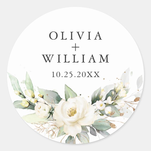 Elegant Pastel White Roses Eucalyptus Wedding Classic Round Sticker (Front)
