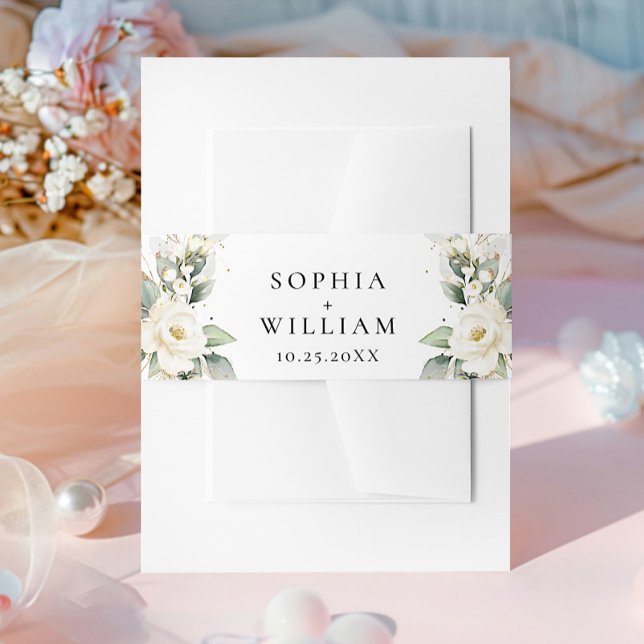 Elegant Pastel White Roses Eucalyptus Wedding Invitation Belly Band (Creator Uploaded)