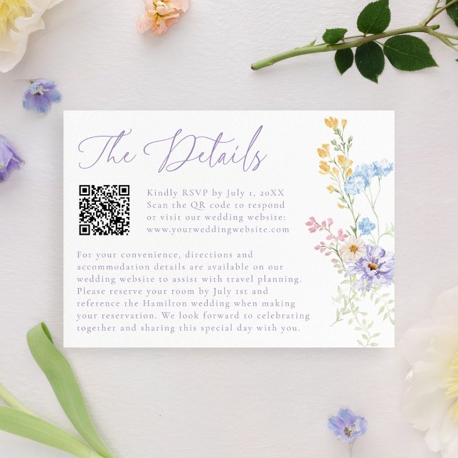Elegant Pastel Wildflower QR Code Wedding Details Enclosure Card (Creator Uploaded)