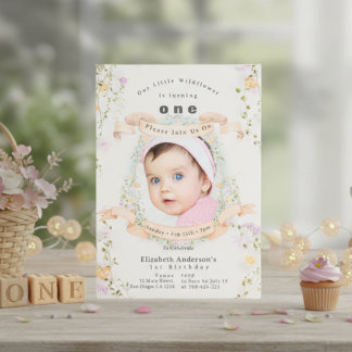 Elegant Pastel Wildflowers Baby Photo 1st Birthday Invitation