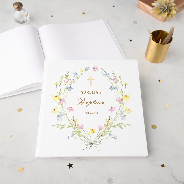Elegant Pastel Wildflowers Baptism Guest Book (Front Open)