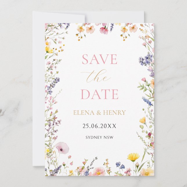 Elegant Pastel Wildflowers Wedding Save the Date Invitation (Front)