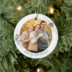 Elegant Pastel Winter Scene Christmas Family Photo Ceramic Ornament