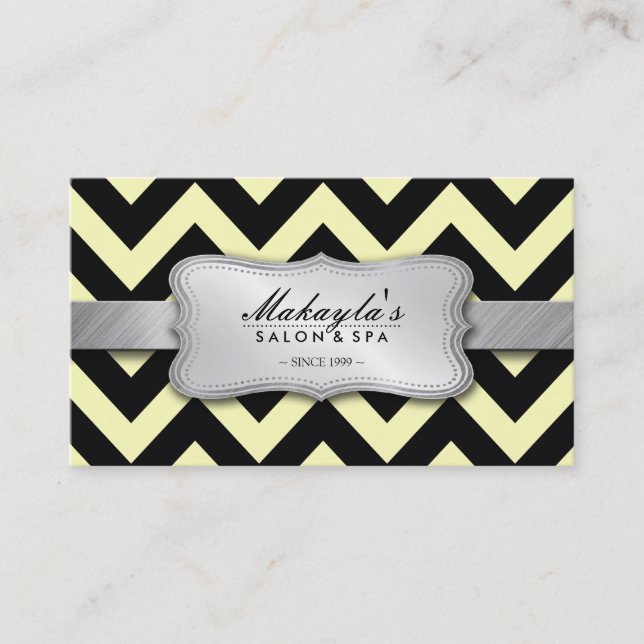 Elegant Pastel Yellow and Black Chevron Pattern Business Card (Front)