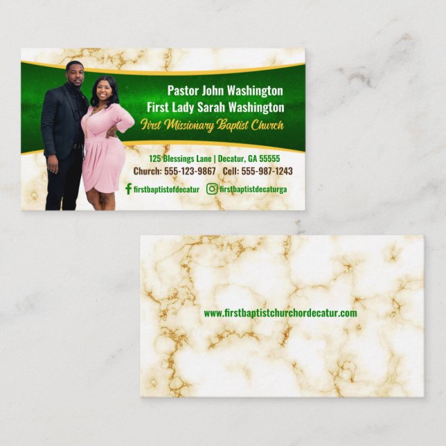 Elegant Pastor and First Lady Marble Photo Church  Business Card (Front/Back)