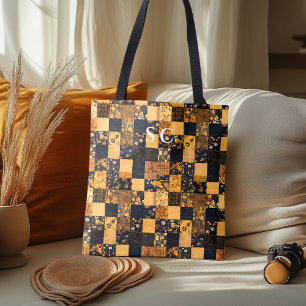 Elegant Patchwork Tote with Blue and Beige Floral