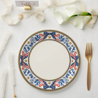 Elegant Patriotic Red White & Blue Floral Bow Paper Plate