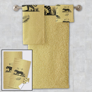 Elegant Pattern Gold Black Monogram Bath Towel Set