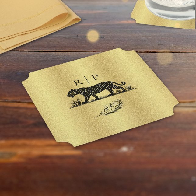 Elegant Pattern Gold Black Monogram Paper Coaster (Creator Uploaded)