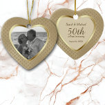 Elegant Pattern Golden Anniversary Ornament<br><div class="desc">This elegant ornament features your special photograph within a shiny gold heart shaped frame against a pretty gold pattern background. The back of the ornament has a heart shaped field with several text fields for you to customize. A beautiful keepsake for that very important Golden Anniversary celebration!</div>