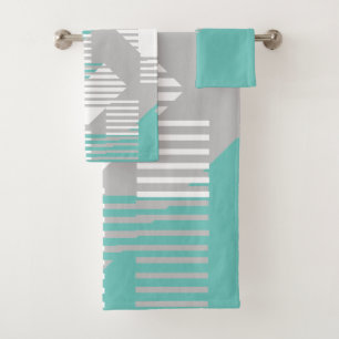 Elegant Pattern Teal Grey White Abstract Geometric Bath Towel Set