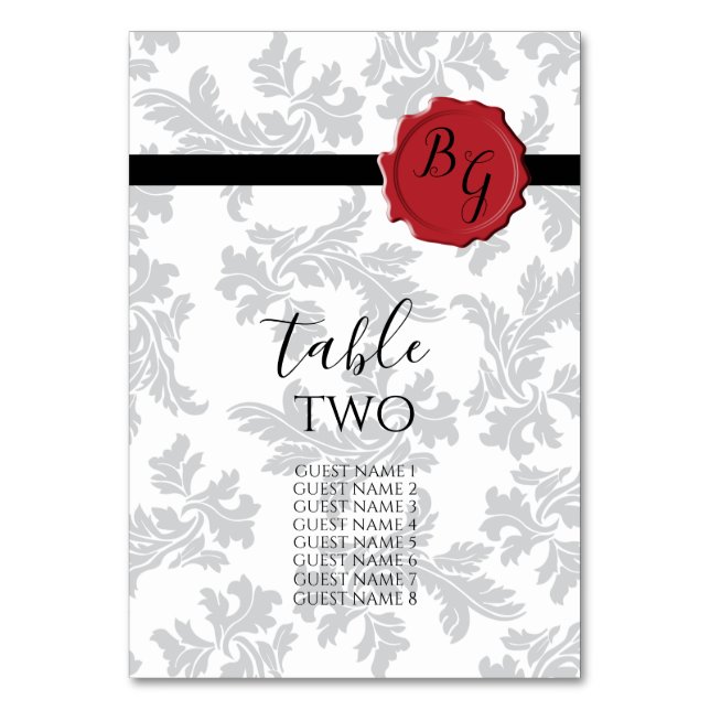 Elegant Pattern & Wax Seal Wedding Guest Names Table Number (Front)