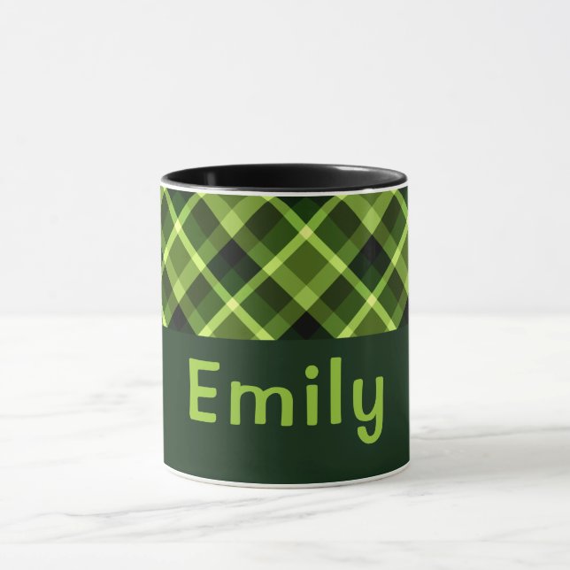 Elegant Pea Green Plaid Monogram 11 oz Mug (Center)