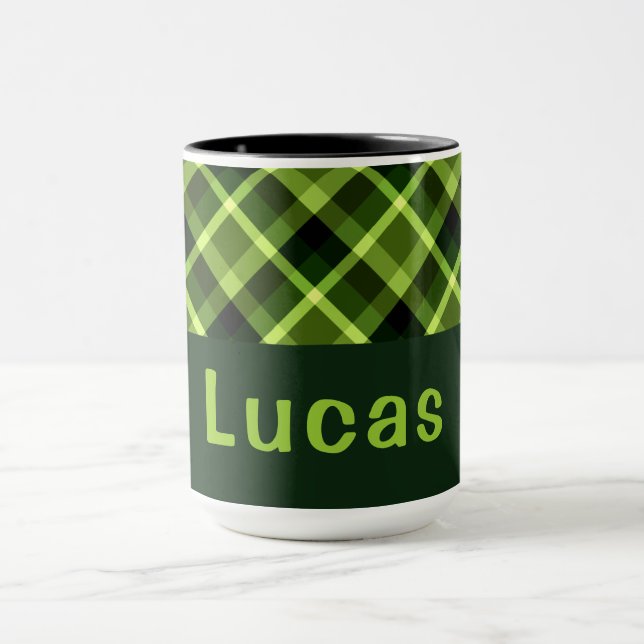 Elegant Pea Green Plaid Monogram 15 oz Mug (Center)