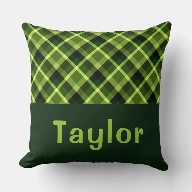 Elegant Pea Green Plaid Monogram Big Throw Pillow (Front)