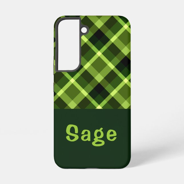 Elegant Pea Green Plaid Monogram Phone Case (Back)