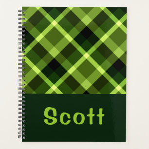Elegant Pea Green Plaid Monogram Planner