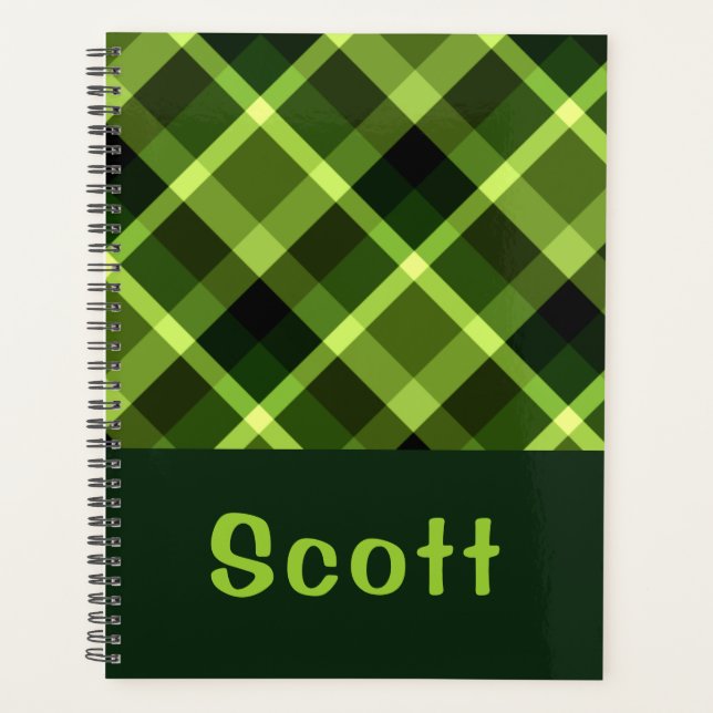 Elegant Pea Green Plaid Monogram Planner (Front)