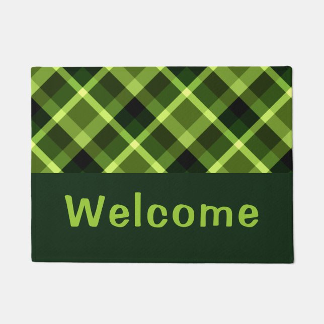 Elegant Pea Green Plaid Monogram Small Door Mat (Front)