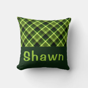 Elegant Pea Green Plaid Monogram Throw Pillow