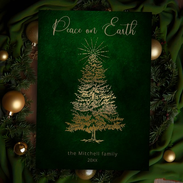 Elegant Peace on Earth Gold Script and Tree Holiday Card (Creator Uploaded)